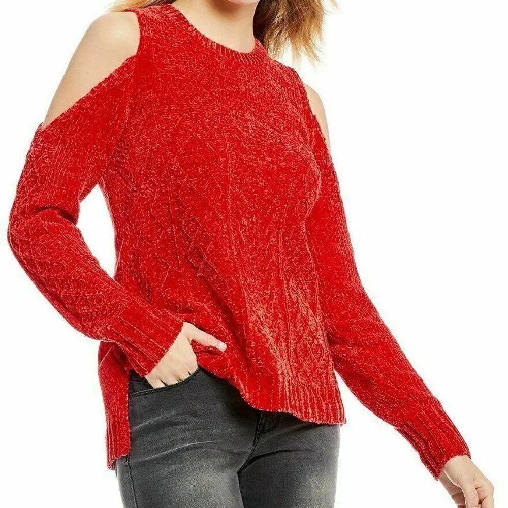 Gibson Latimer Chenille Sweater Red Cold Shoulder